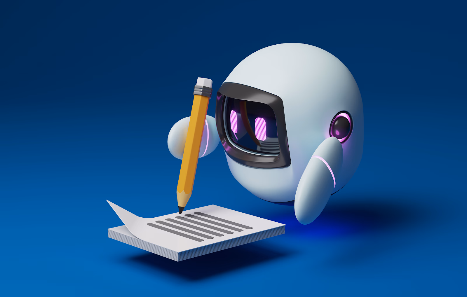 Top 8 Affiliate Marketing Trends You Can't Ignore in 2025 (If You Want to Stay Relevant) 2 A light-gray robot with magenta-pink eyes holds a yellow pencil over lined paper.