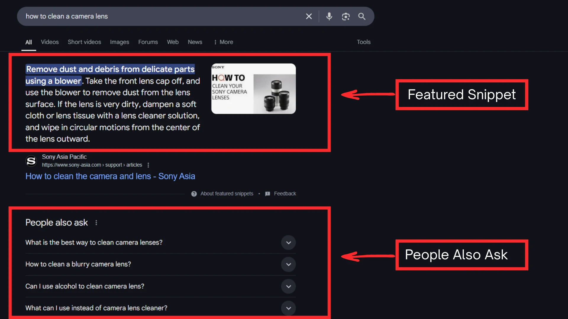 Top 8 Affiliate Marketing Trends You Can't Ignore in 2025 (If You Want to Stay Relevant) 6 Search results for "how to clean a camera lens," including a featured snippet with instructions and a "People Also Ask" section.