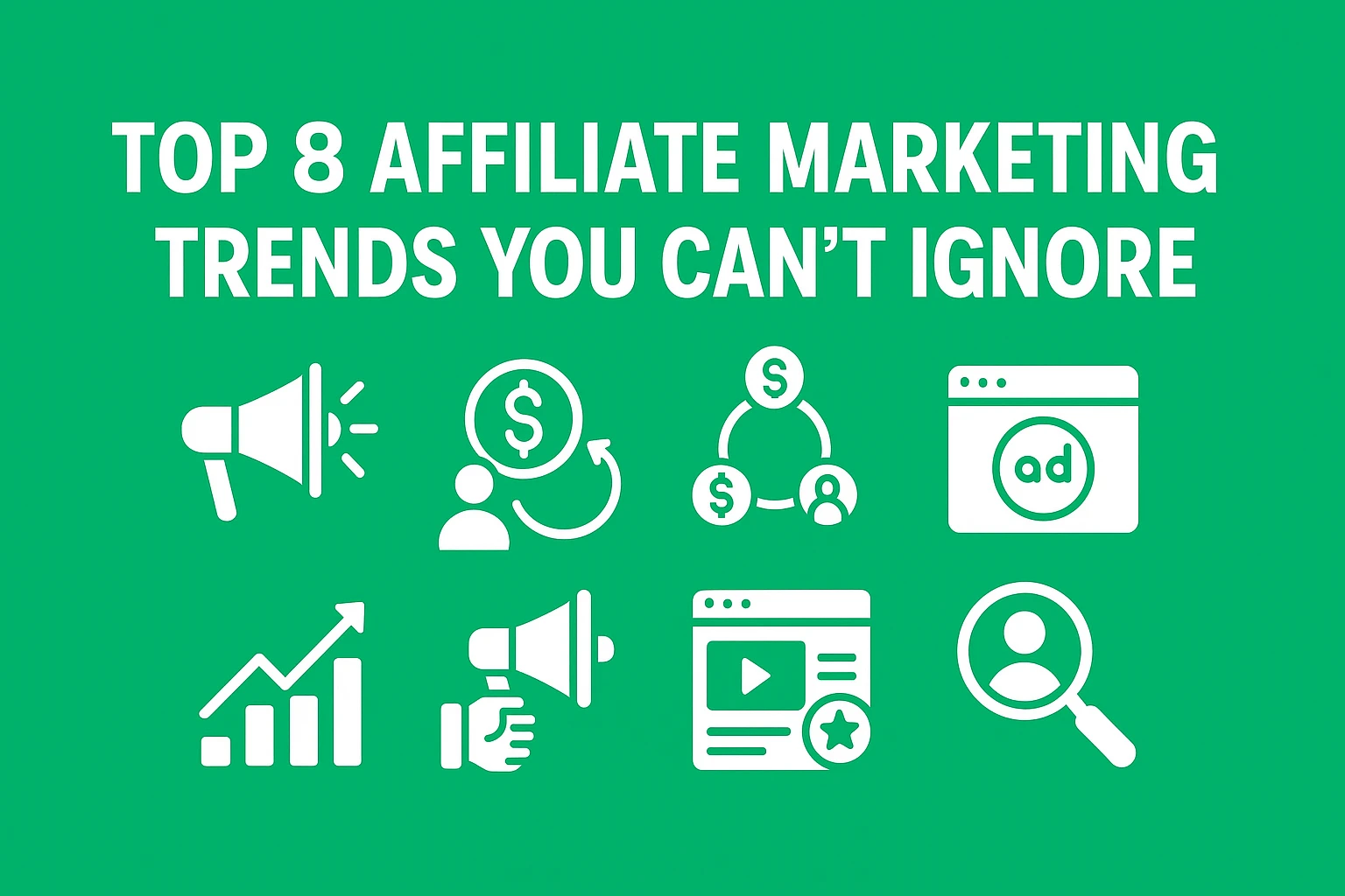 Top 8 Affiliate Marketing Trends You Can't Ignore in 2025 (If You Want to Stay Relevant) 1 Top 8 affiliate marketing trends infographic with icons for promotion, money, social media, website, and analysis.