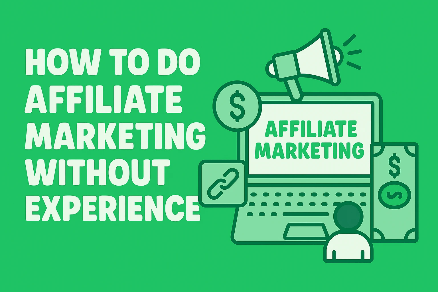 How to Do Affiliate Marketing Without Experience (Even If You Have Zero Followers) 1 Guide to affiliate marketing without prior experience, featuring a laptop, megaphone, money icons, and a person.
