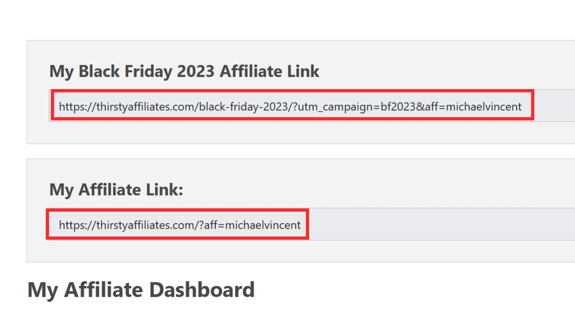 What Is an Affiliate Link + How to Create It: A Simple Guide for New Marketers 2 Webpage displaying two affiliate links for Black Friday 2023, one specific to the event and one general.