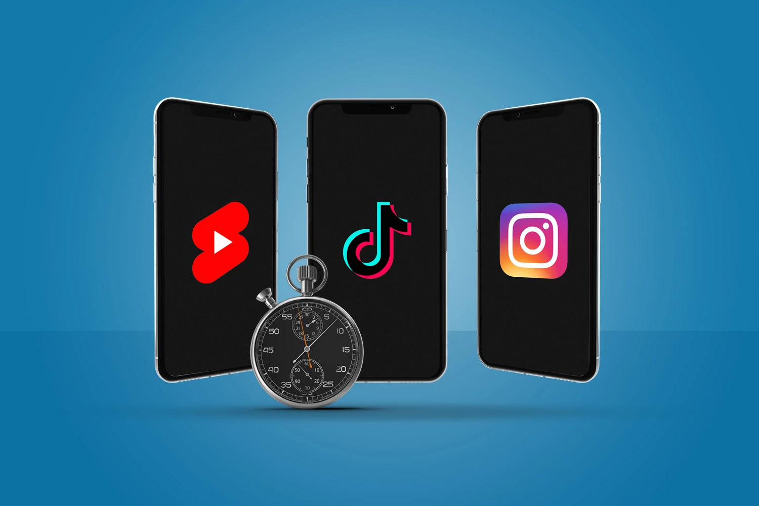 Top 8 Affiliate Marketing Trends You Can't Ignore in 2025 (If You Want to Stay Relevant) 4 Three smartphones displaying YouTube, TikTok, and Instagram app icons, alongside a stopwatch, illustrating time spent on social media.