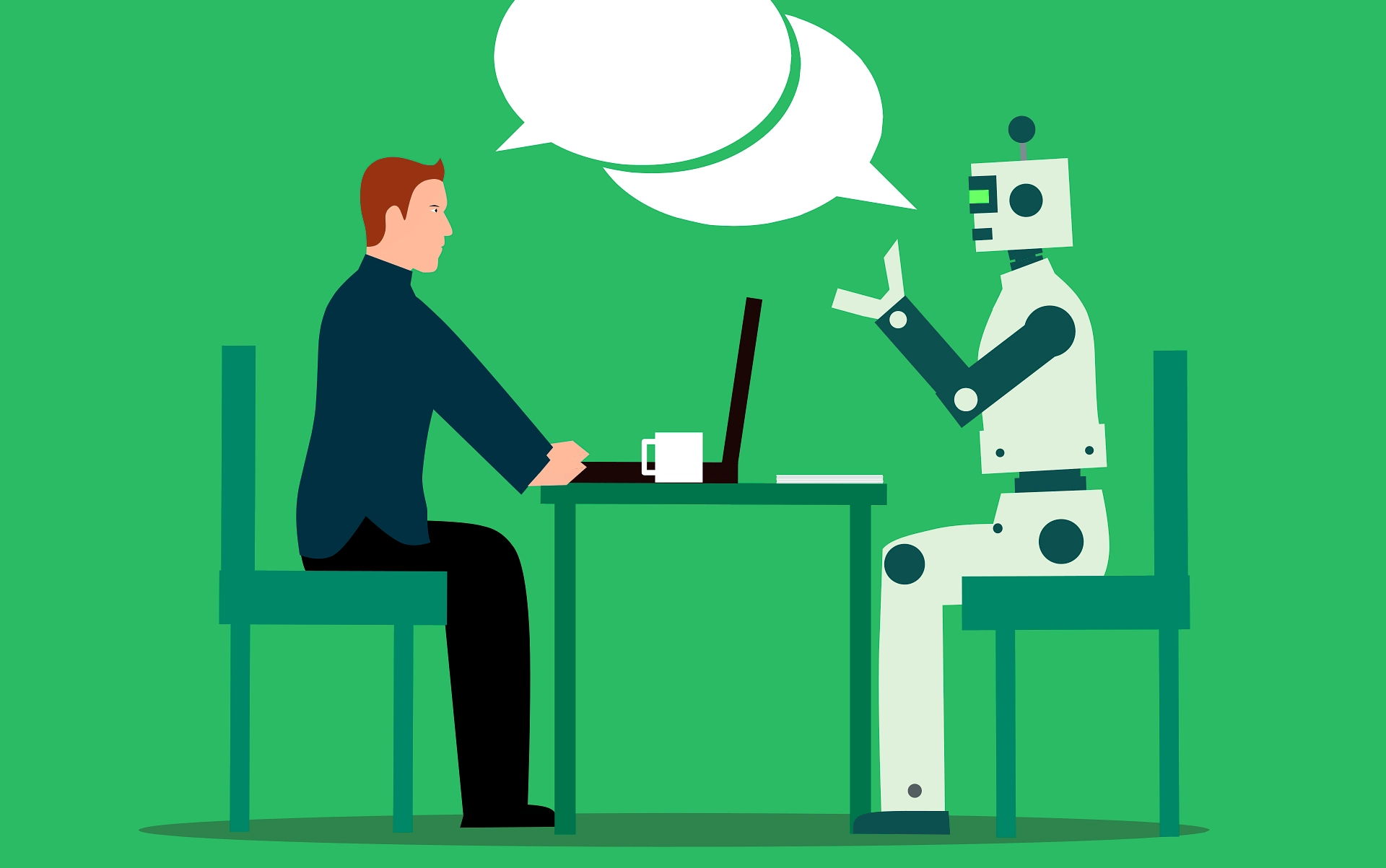 How to Start Affiliate Marketing With AI (Even If You're Not a Tech Expert) 1 Businessman seated at a table with a robot, discussing via laptop.