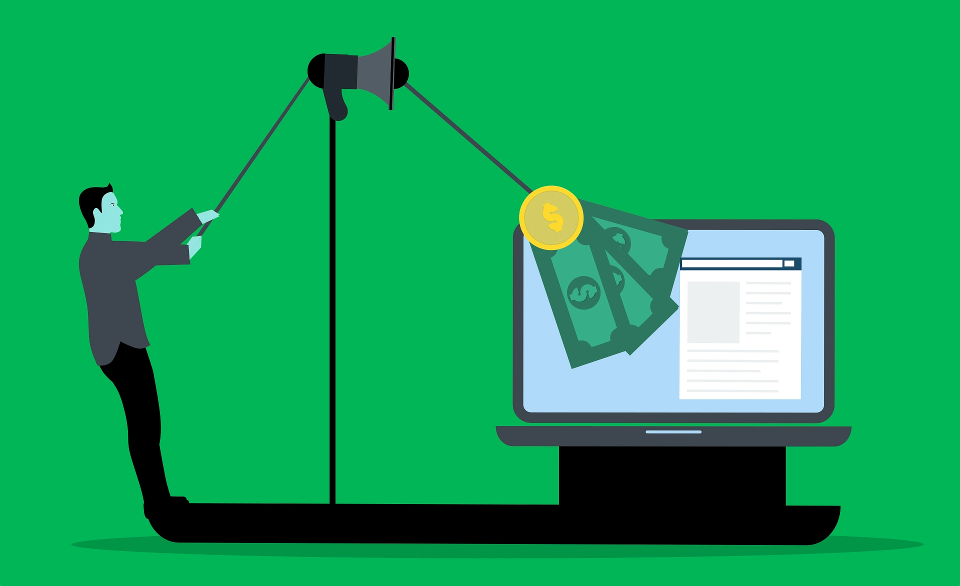 The Compounding Effect in Affiliate Marketing: Why Your First 6 Months Feel Slow (But Matter Most) 1 Person pulling money from a megaphone onto a laptop screen displaying web content.