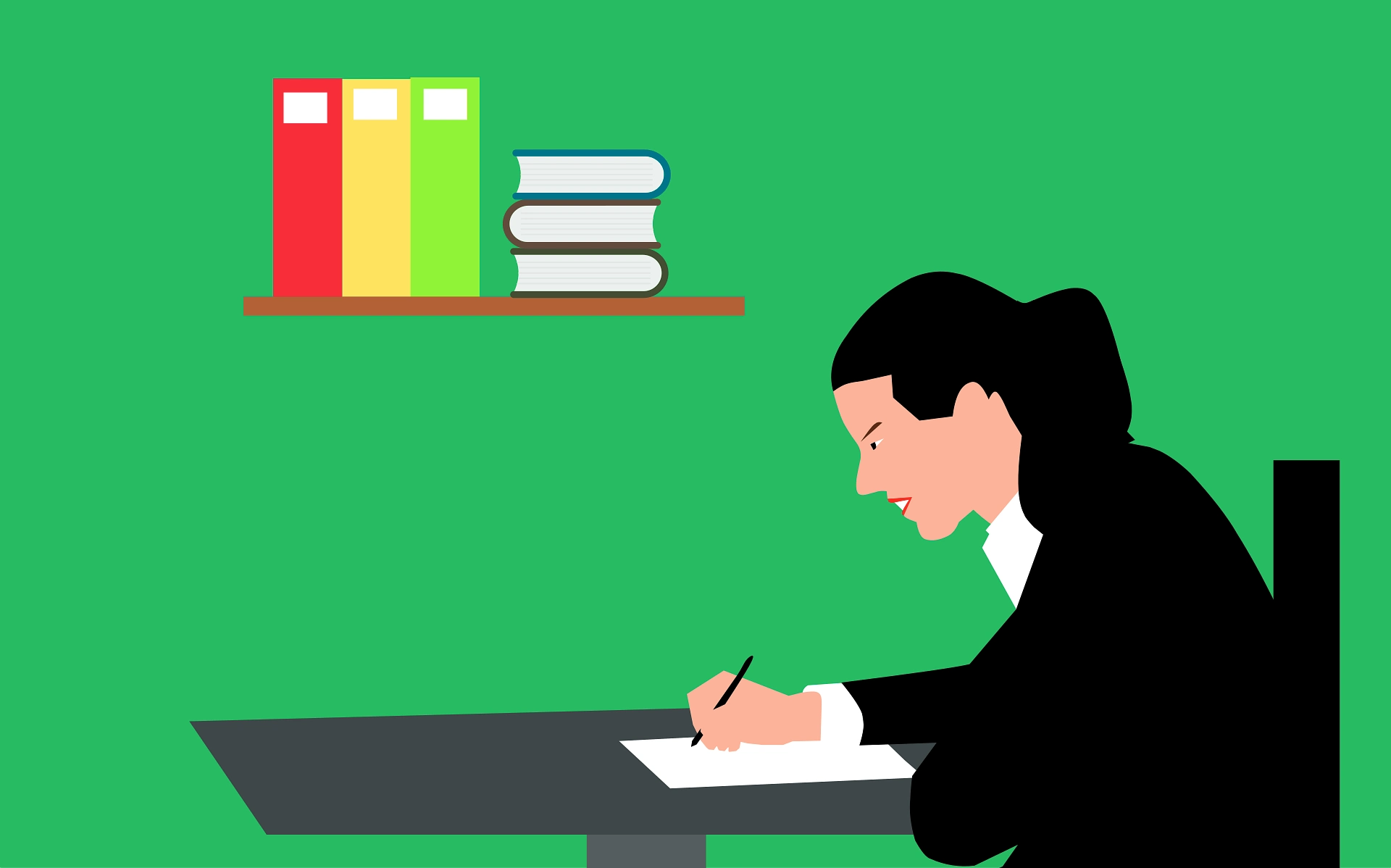 How to Create Affiliate Content That Ranks And Converts 1 Businesswoman writing on a document at a desk with books on a shelf.