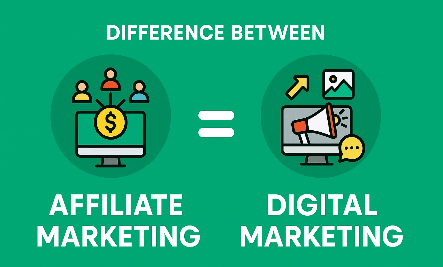 What is the Difference Between Affiliate Marketing and Digital Marketing? 1 Difference Between Affiliate Marketing and Digital Marketing: Comparison of affiliate marketing (computer with money symbol) and digital marketing (computer with megaphone and image).