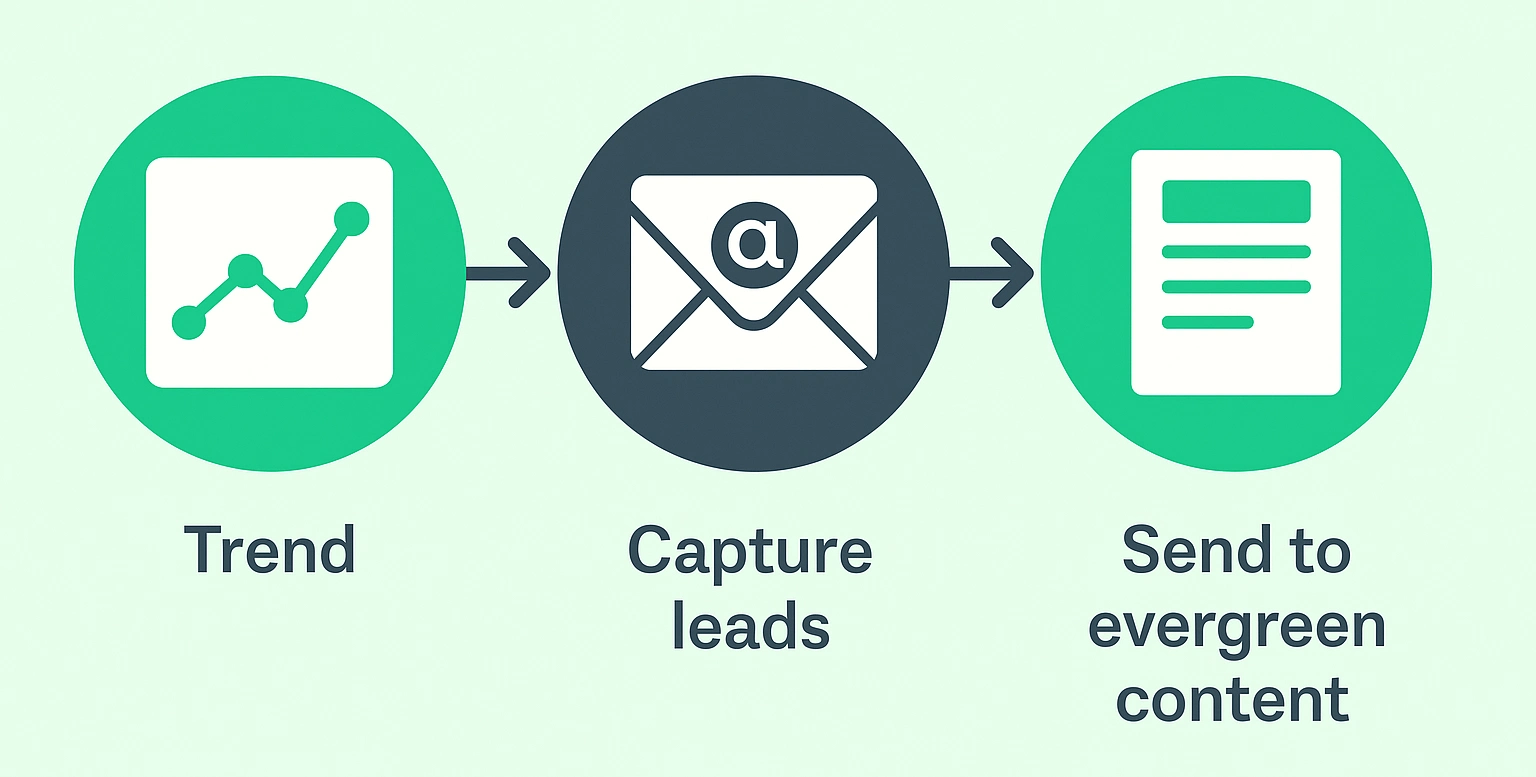 Evergreen vs. Trending Content: What's Best for Affiliate Marketing? 3 Content funnel idea, showing steps from trending topic to capturing leads and sending evergreen content.