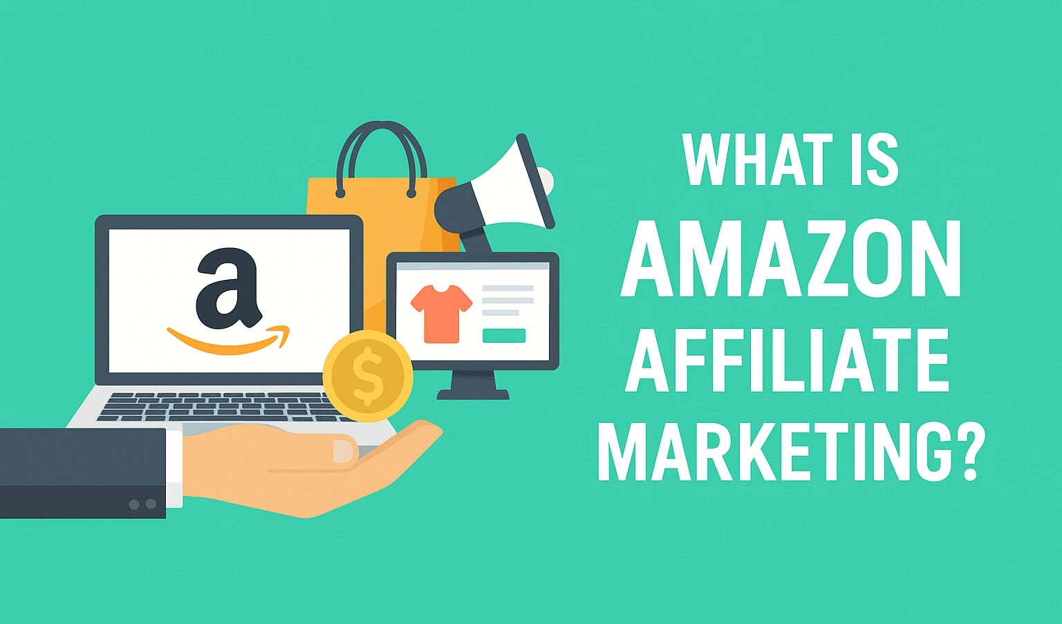What Is Amazon Affiliate Marketing? How It Works and How to Actually Make Money 1 Amazon affiliate marketing concept graphic with laptop, shopping bag, megaphone, and question.