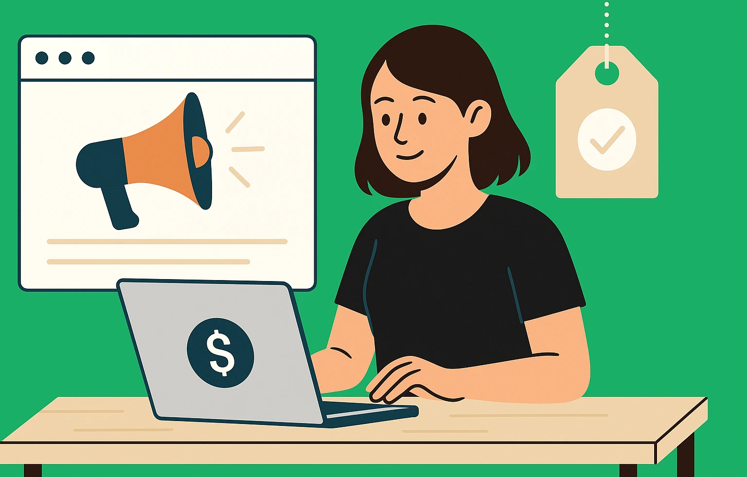 What are Affiliate Marketing Programs & How to Choose the Right One for Your Niche 1 Woman using laptop, with a web page showing a megaphone and a dollar sign, signifying online advertising and monetization.