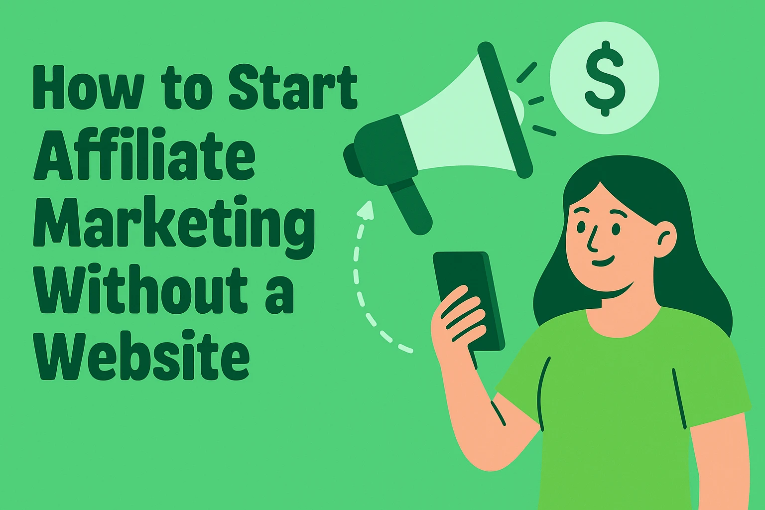 How to Start Affiliate Marketing Without a Website (And Still Make Money in 2025) 1 Cartoon of a woman holding a phone, illustrating how to start affiliate marketing without a website, featuring a megaphone and dollar sign.
