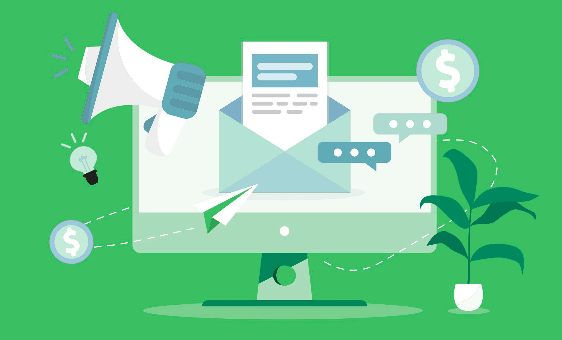 Affiliate Marketing by Email: Why Your Campaigns Aren’t Converting (And How to Fix It Fast) 1 Email marketing campaign illustration with computer, megaphone, envelope, and dollar sign.