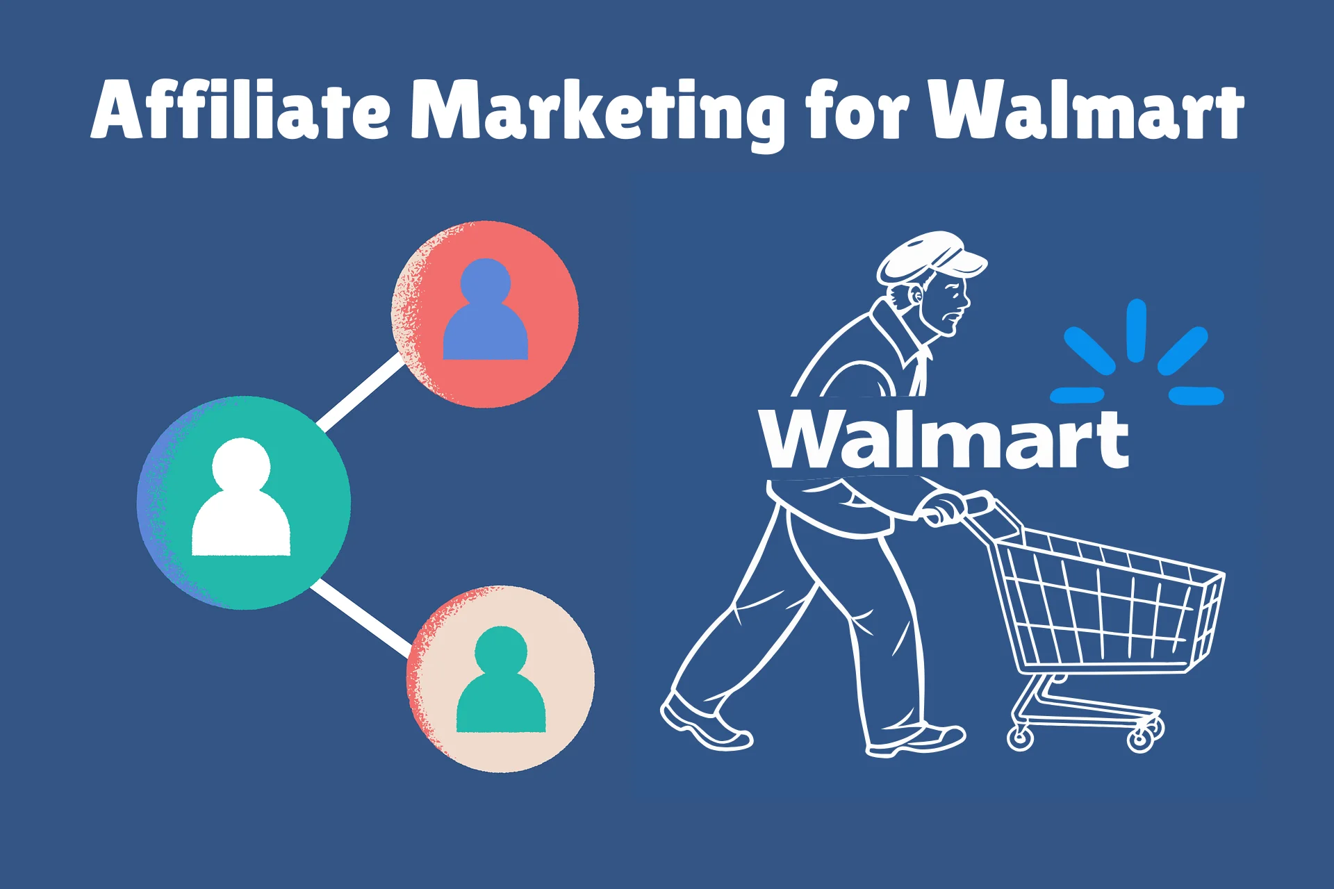 How to Start Affiliate Marketing for Walmart (Without Wasting Time on Low-Paying Products) 1 Affiliate marketing concept for Walmart, featuring interconnected user icons and a person pushing a shopping cart.