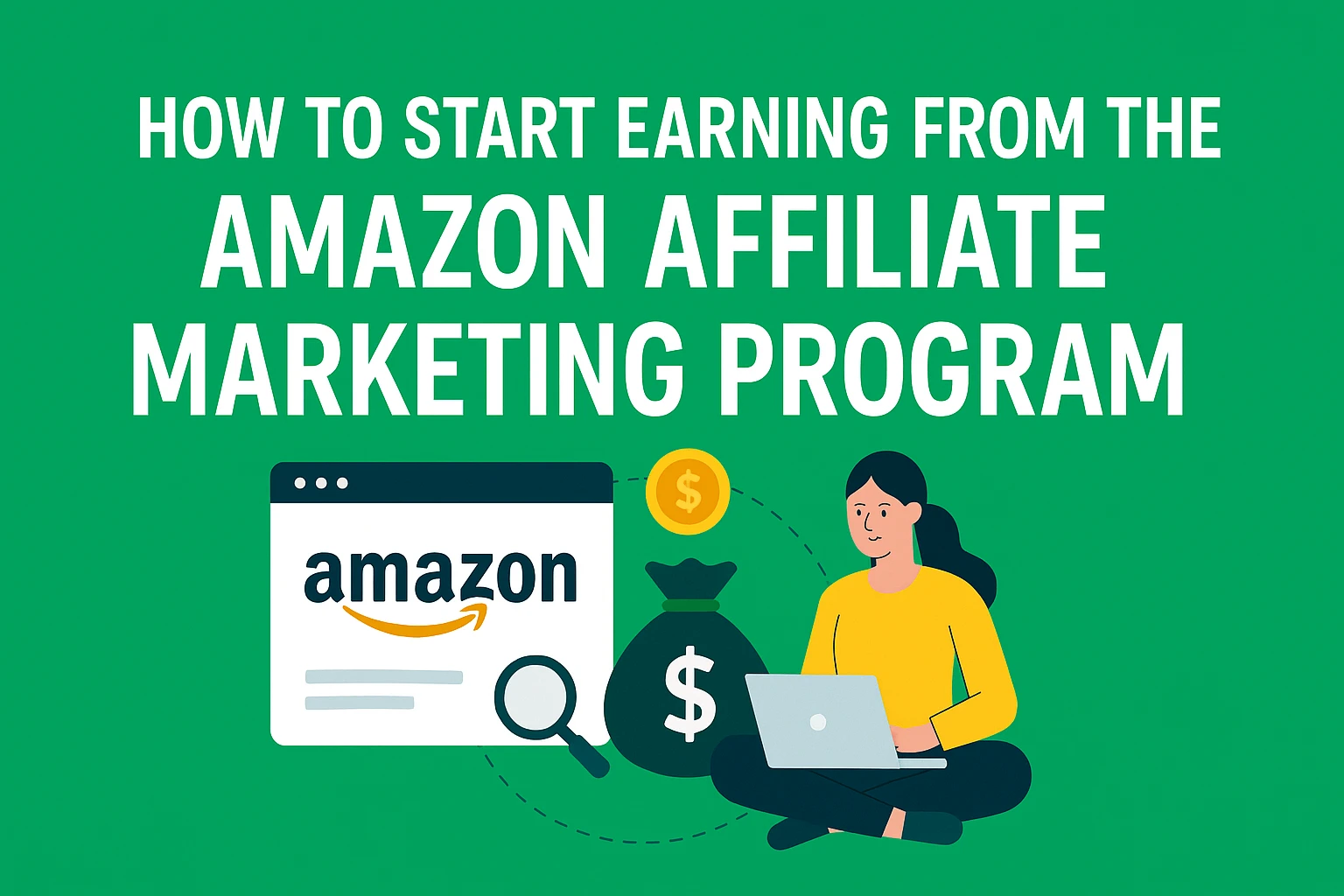How to Start Earning from the Amazon Affiliate Marketing Program Without a Website or Huge Following 1 Woman seated on the ground, using a laptop, with an Amazon logo and money bag, illustrating how to start earning from the Amazon affiliate marketing program.