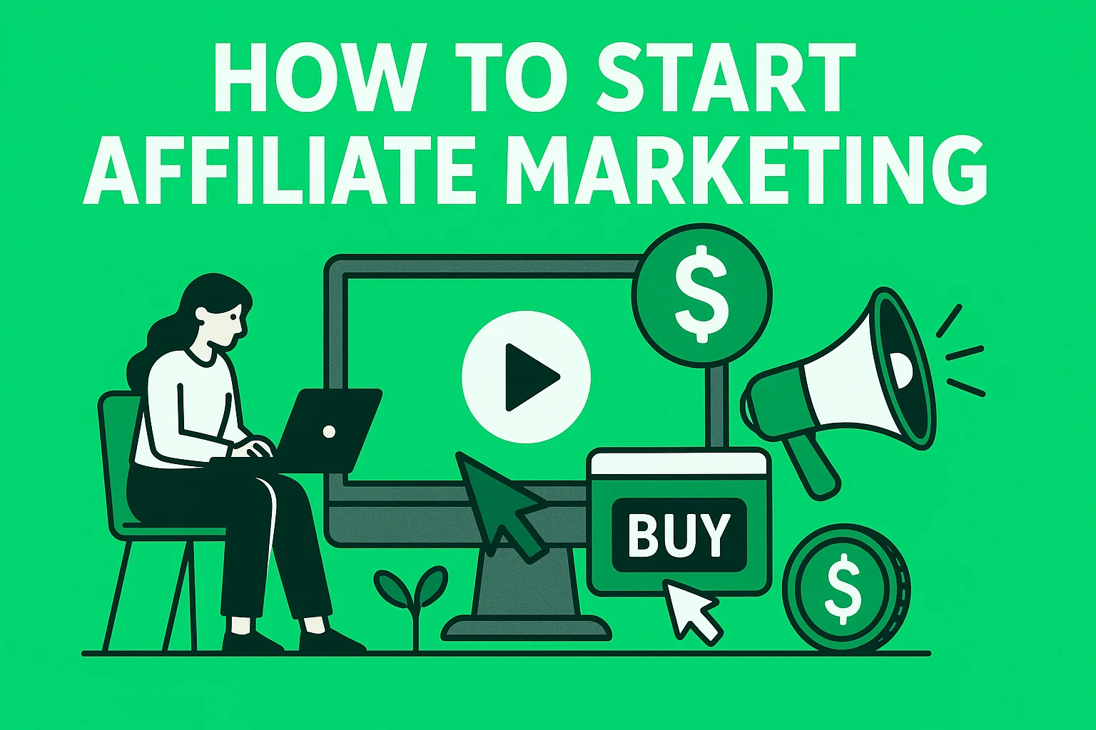How To Start Affiliate Marketing in 2025: A Comprehensive Step-by-Step Tutorial Guide for Beginners 1 Illustration of a person using a laptop, video player, a megaphone, and money symbols, depicting how to start affiliate marketing.