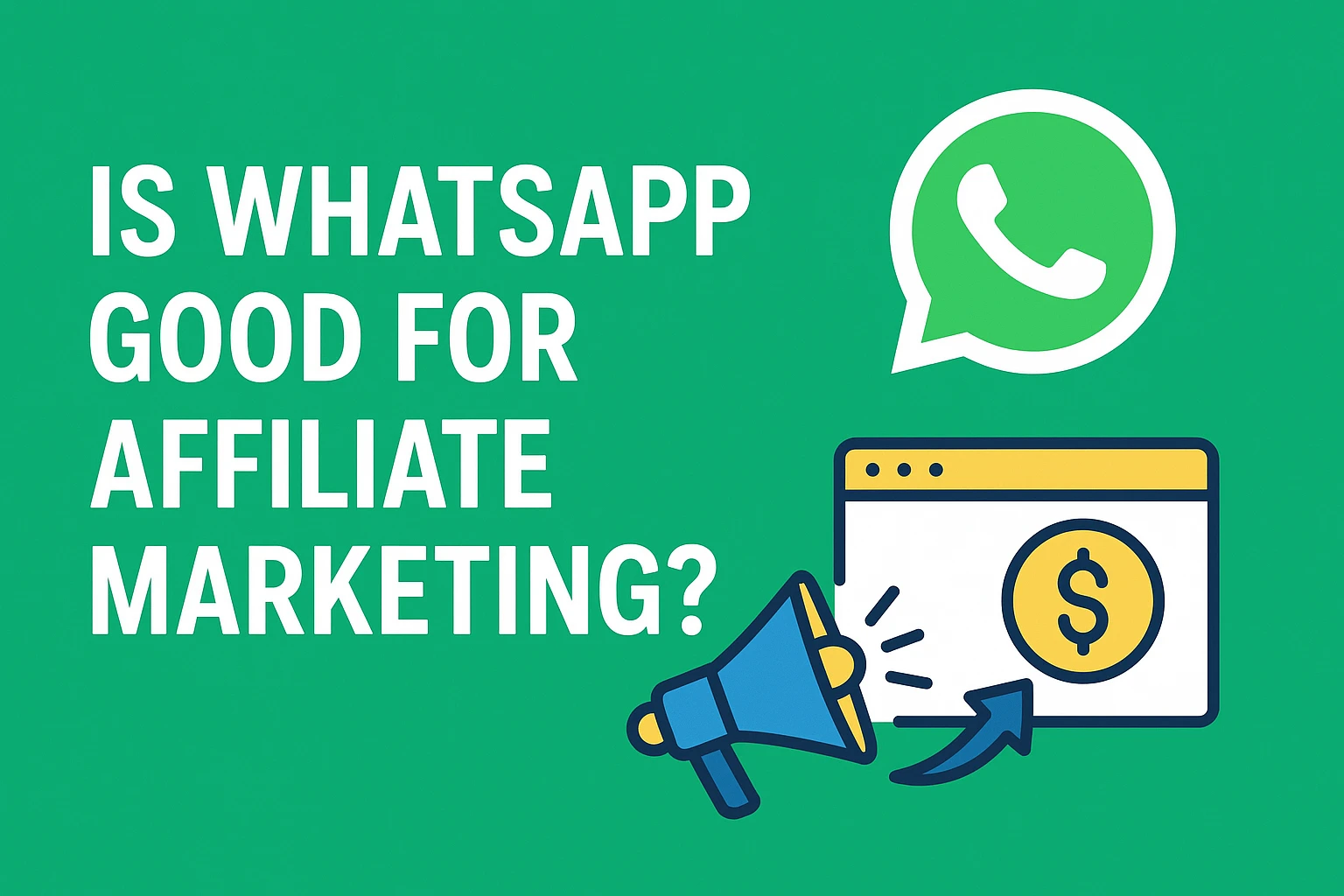 Is WhatsApp Good for Affiliate Marketing? Here’s What No One Tells You 1 Question about WhatsApp's suitability for affiliate marketing, depicted with a megaphone, website, dollar sign, and WhatsApp logo.