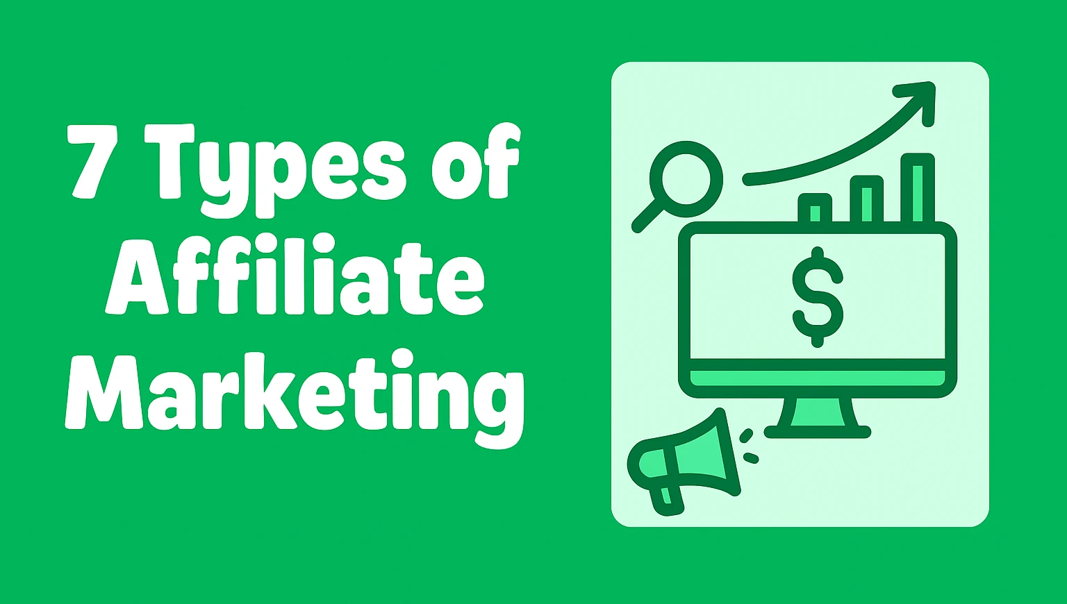 7 Types of Affiliate Marketing (And Which One Actually Pays Beginners Fast) 1 Infographic depicting 7 types of affiliate marketing, featuring icons of a computer, dollar sign, magnifying glass, growth chart, and megaphone.