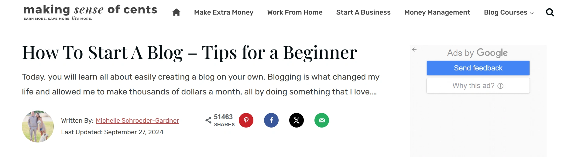 7 Types of Affiliate Marketing (And Which One Actually Pays Beginners Fast) 4 Webpage about starting a blog, featuring tips for beginners, author bio, and social media share counts.