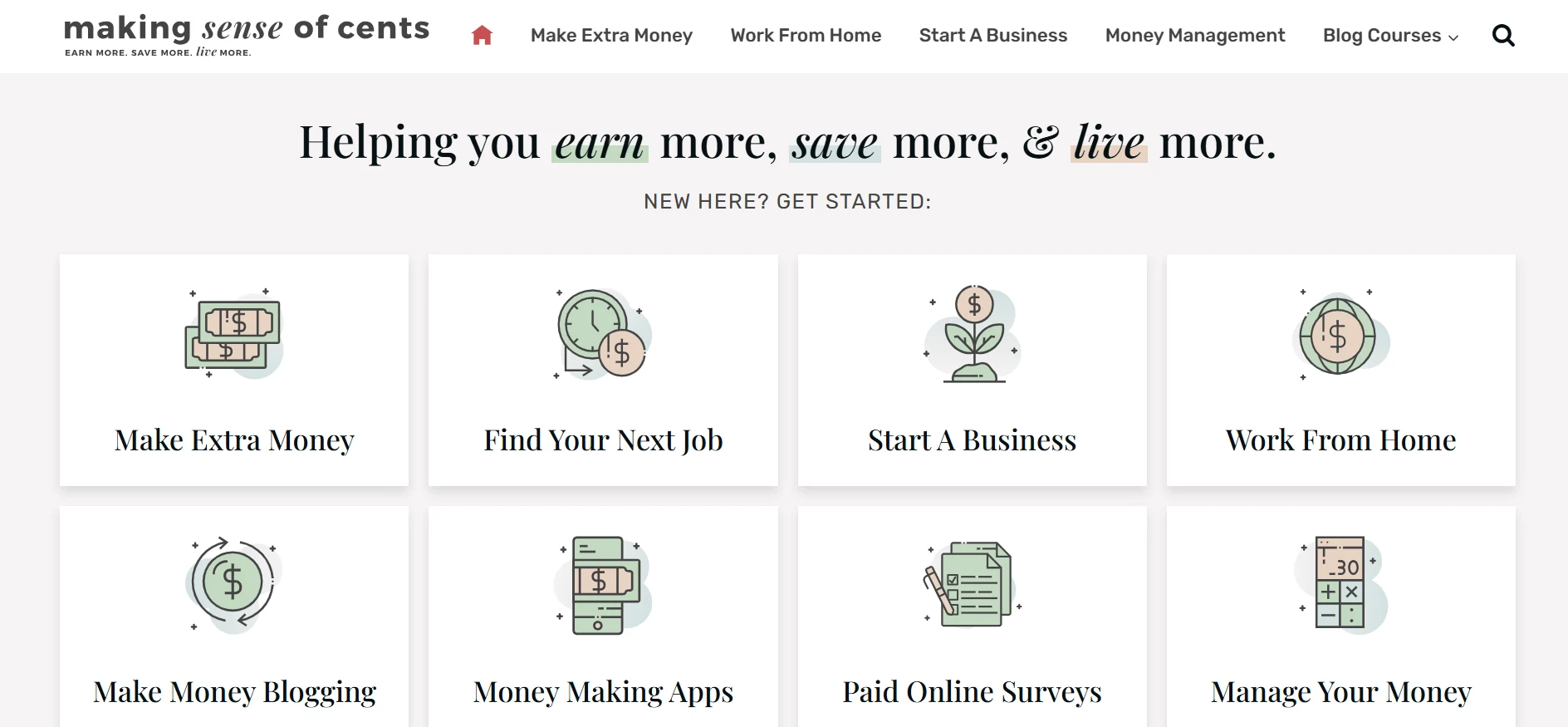 7 Types of Affiliate Marketing (And Which One Actually Pays Beginners Fast) 3 Making Sense of Cents website homepage layout showcasing various money-making options, including make extra money, find your next job, start a business, work from home, make money blogging, money making apps, paid online surveys, and manage your money.