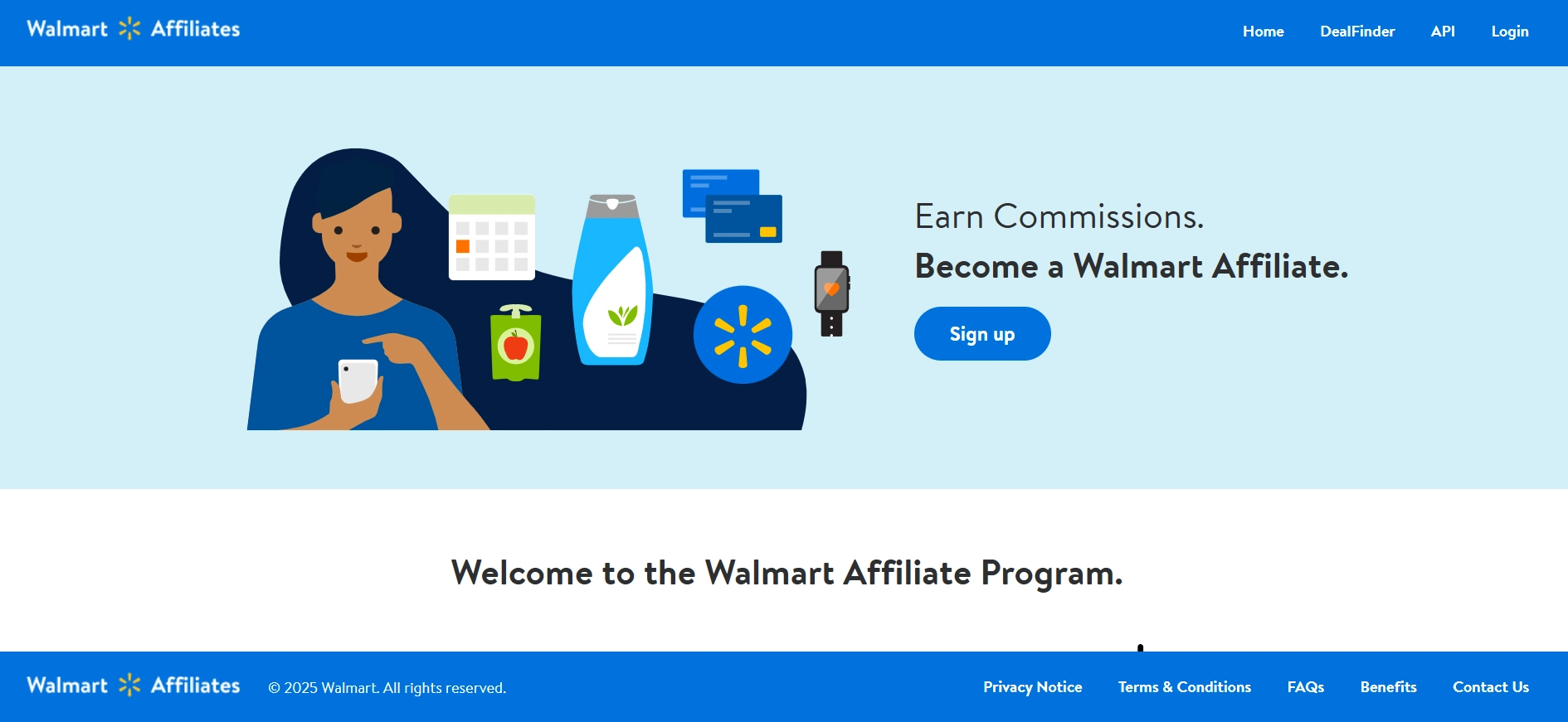 How to Start Affiliate Marketing for Walmart (Without Wasting Time on Low-Paying Products) 2 Walmart Affiliate program webpage featuring a woman on a phone, various product icons, and a call to action to "Sign up".