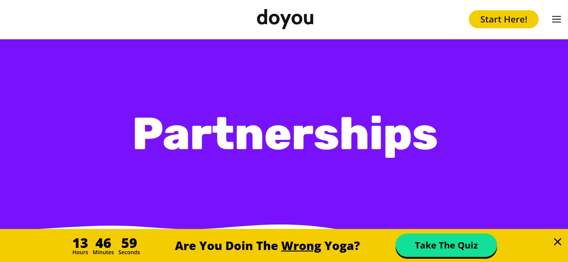 Website landing page with "Partnerships" text, a "Start Here!" button, and a quiz prompt.