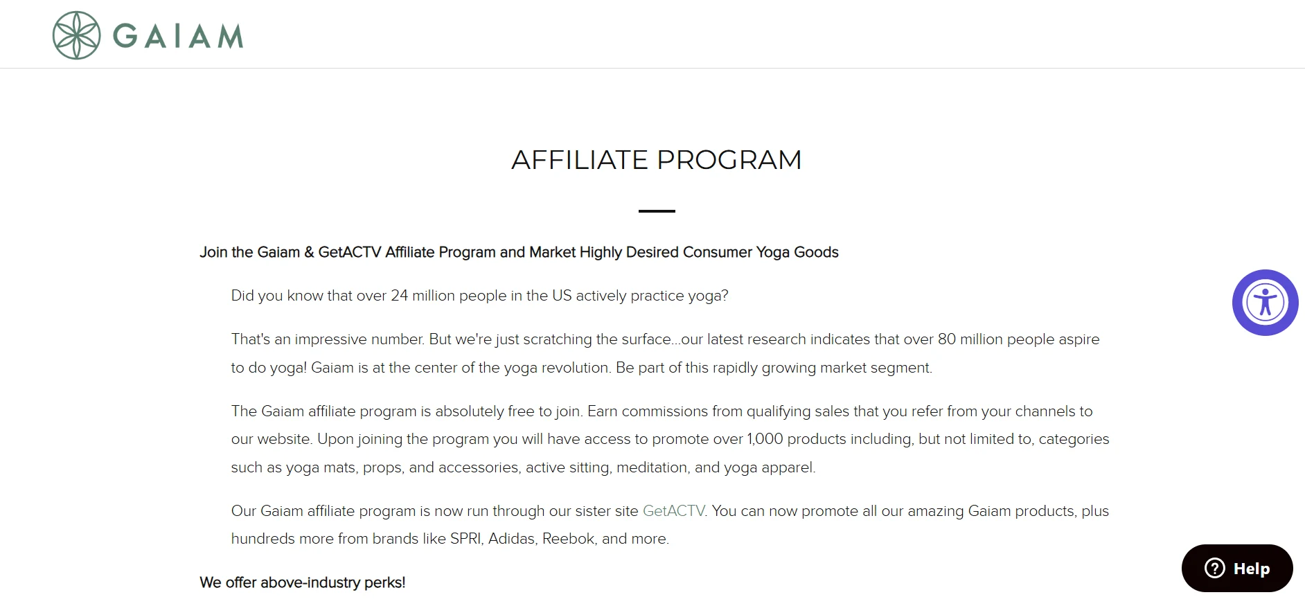 Gaiam affiliate program page detailing how to join and market yoga goods.