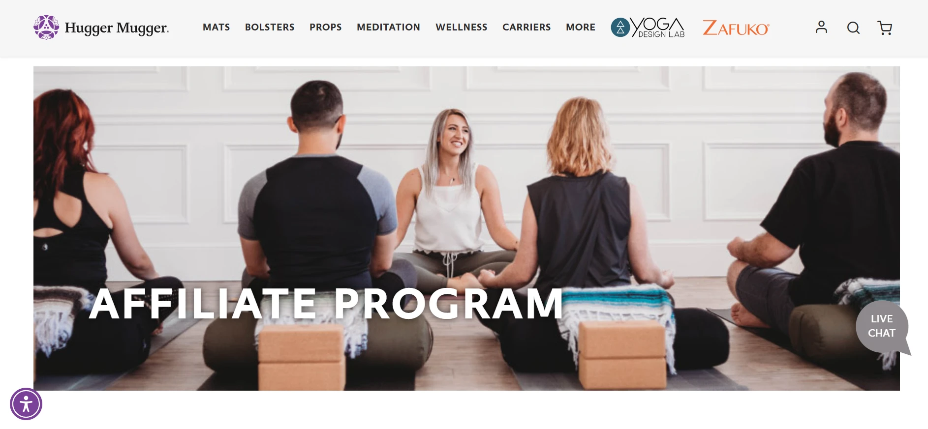 Four people meditate in a circle on yoga bolsters and mats, with "AFFILIATE PROGRAM" overlaid on the image.