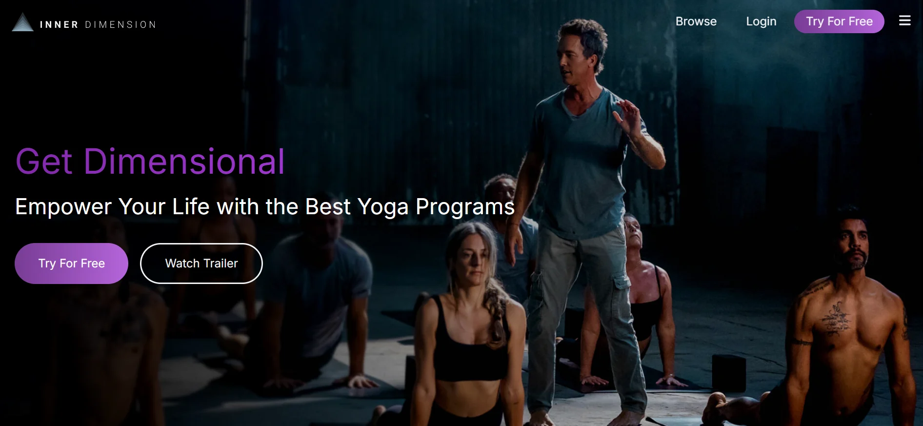 Yoga instructor leads class with students in various poses on a dark background.