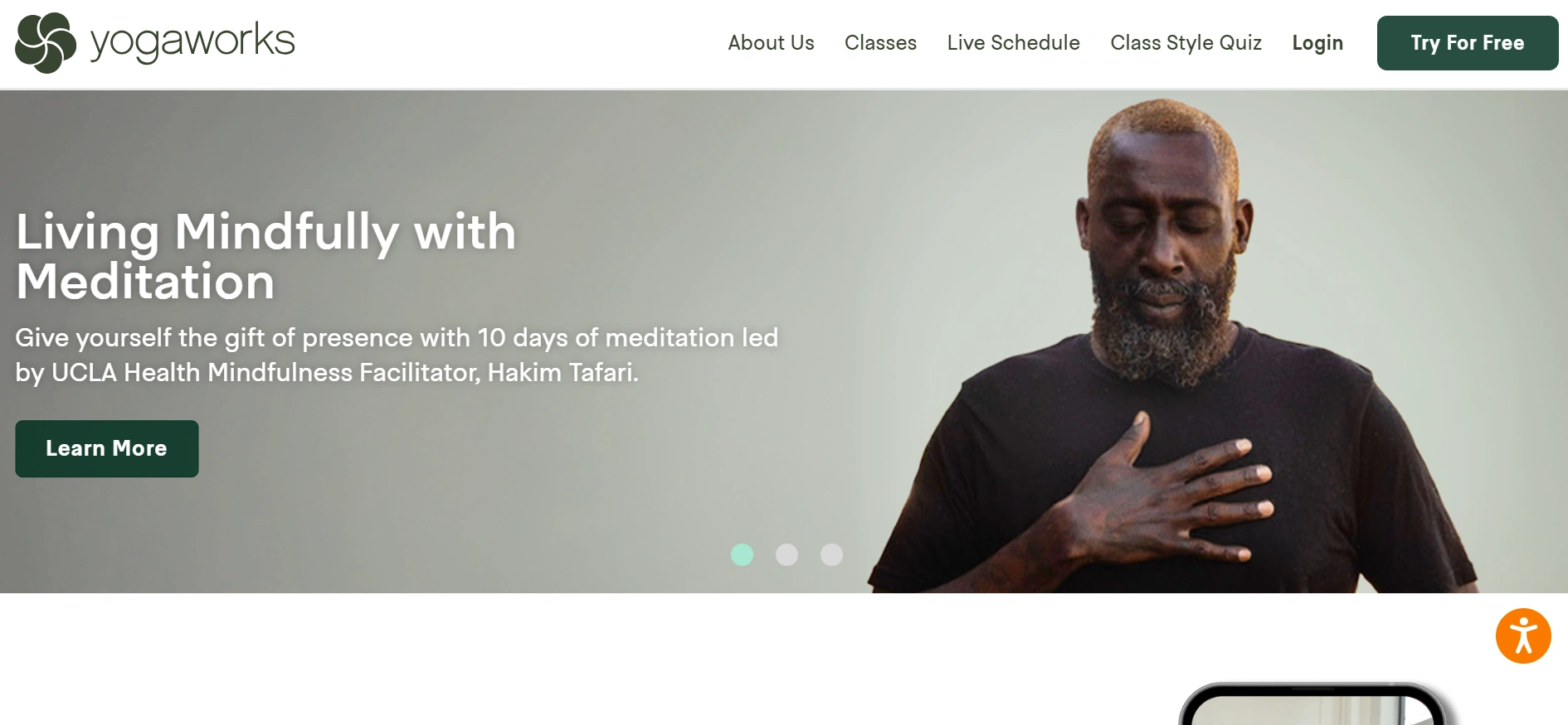 Man with hand on chest meditating, on a webpage promoting 10 days of meditation.