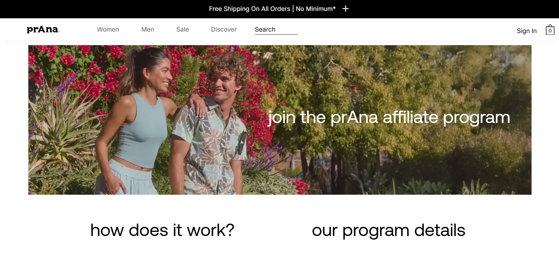 A smiling couple is shown outdoors against a backdrop of vibrant red flowers and lush greenery, with text overlay that reads "join the prAna affiliate program".