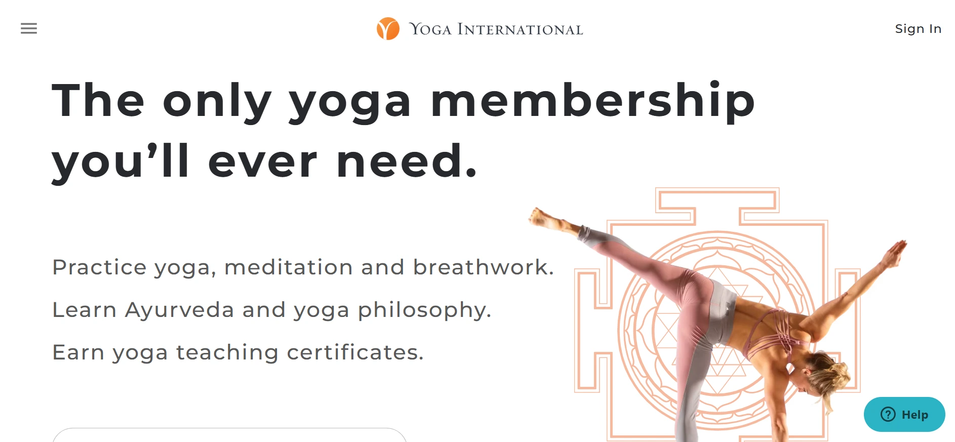 Website landing page for Yoga International featuring a woman in a yoga pose with text promoting yoga, meditation, and Ayurveda.