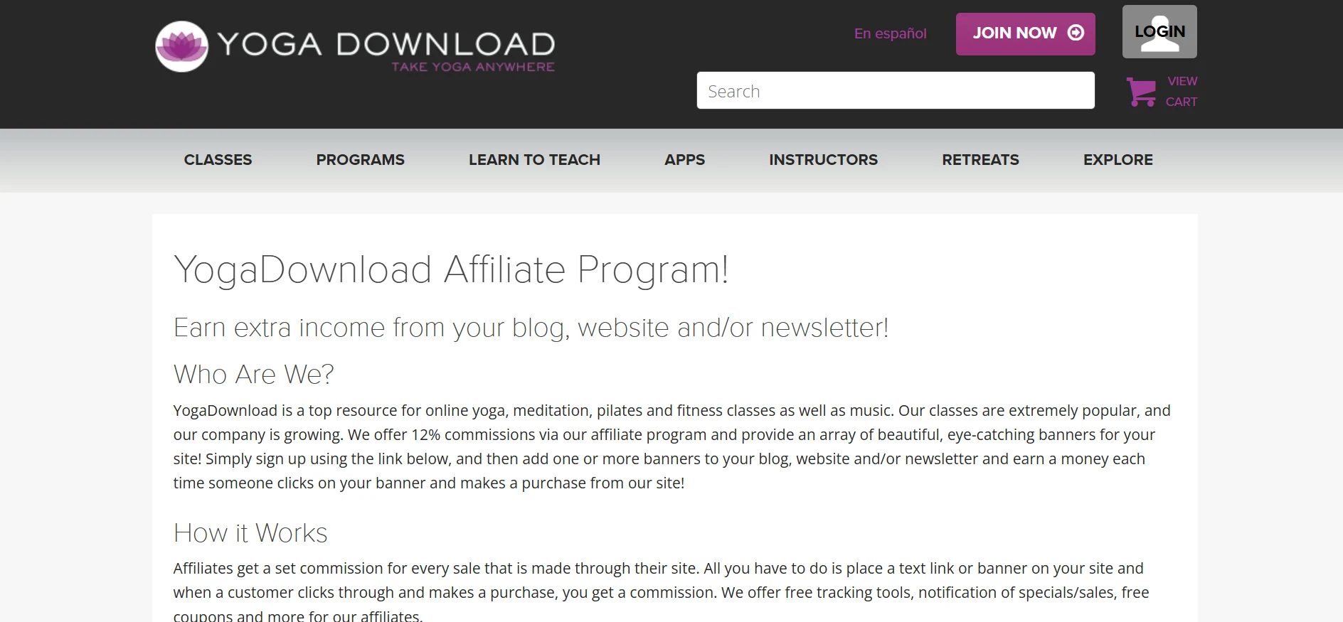 Website homepage for YogaDownload, promoting their affiliate program.