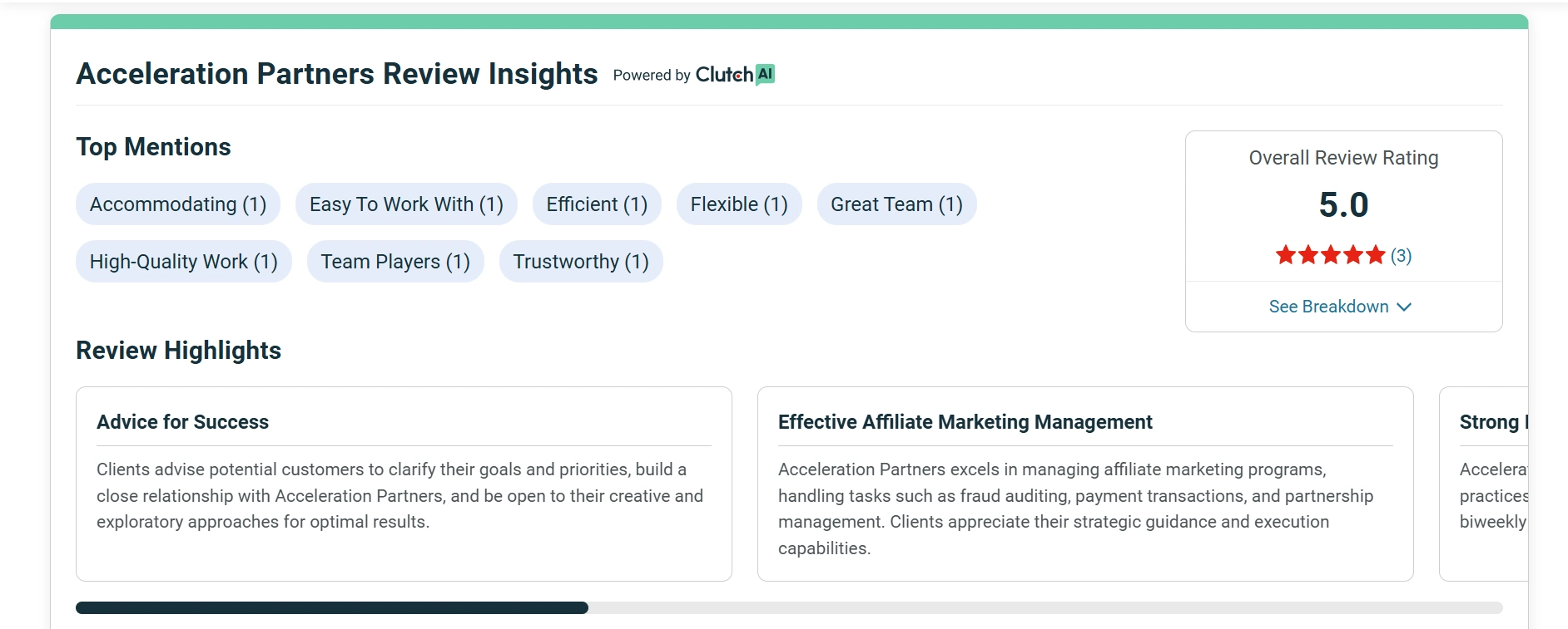 Review insights for Acceleration Partners showing a 5.0 overall rating with top mentions like "Accommodating" and "Trustworthy."