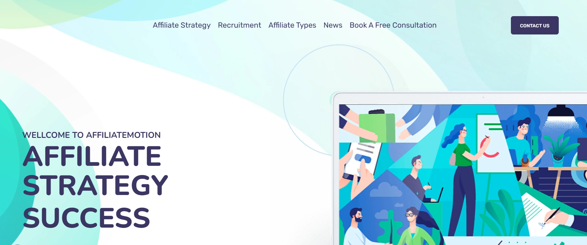 Website homepage for Affiliatemotion featuring "Affiliate Strategy Success" text and a collage of illustrations depicting teamwork and business activities on a tablet screen.