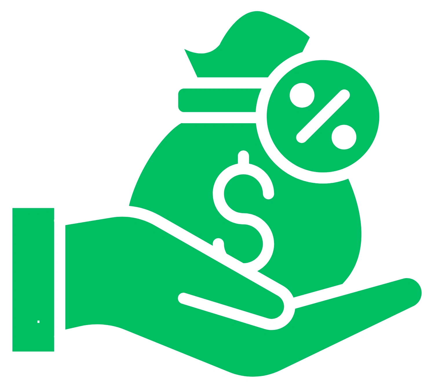Green icon of a hand holding a money bag with a dollar sign and a percentage symbol.