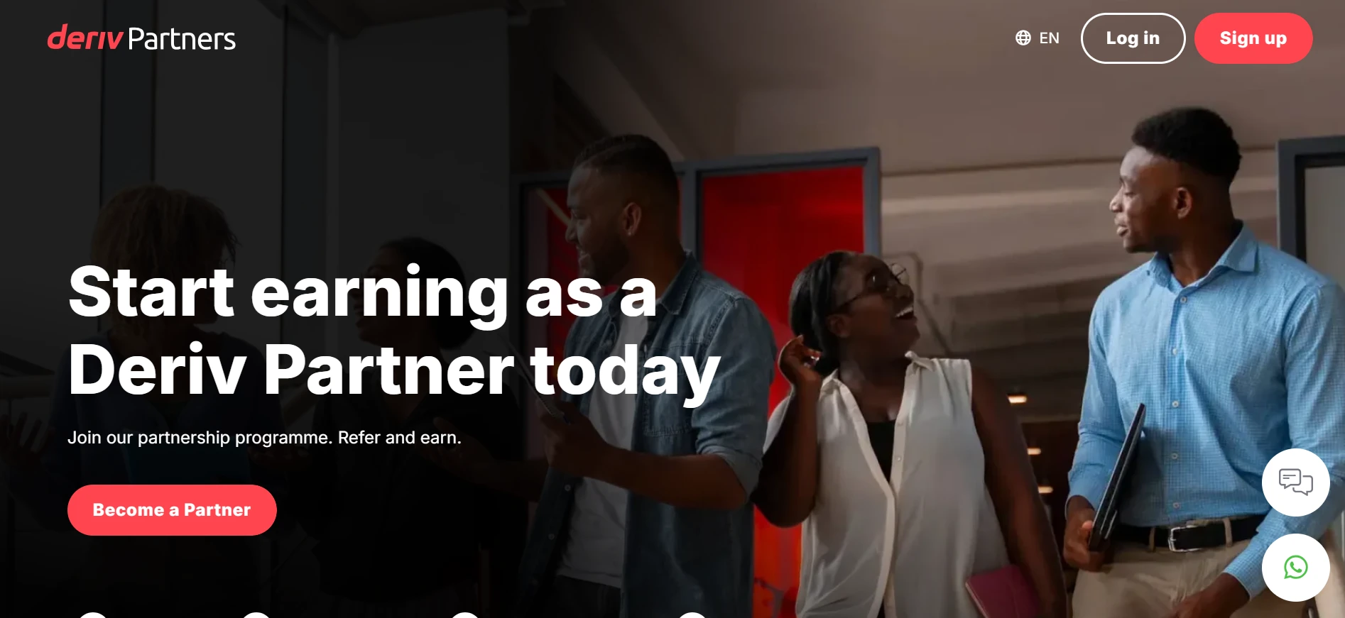 Deriv Partners website banner with people and the headline "Start earning as a Deriv Partner today."