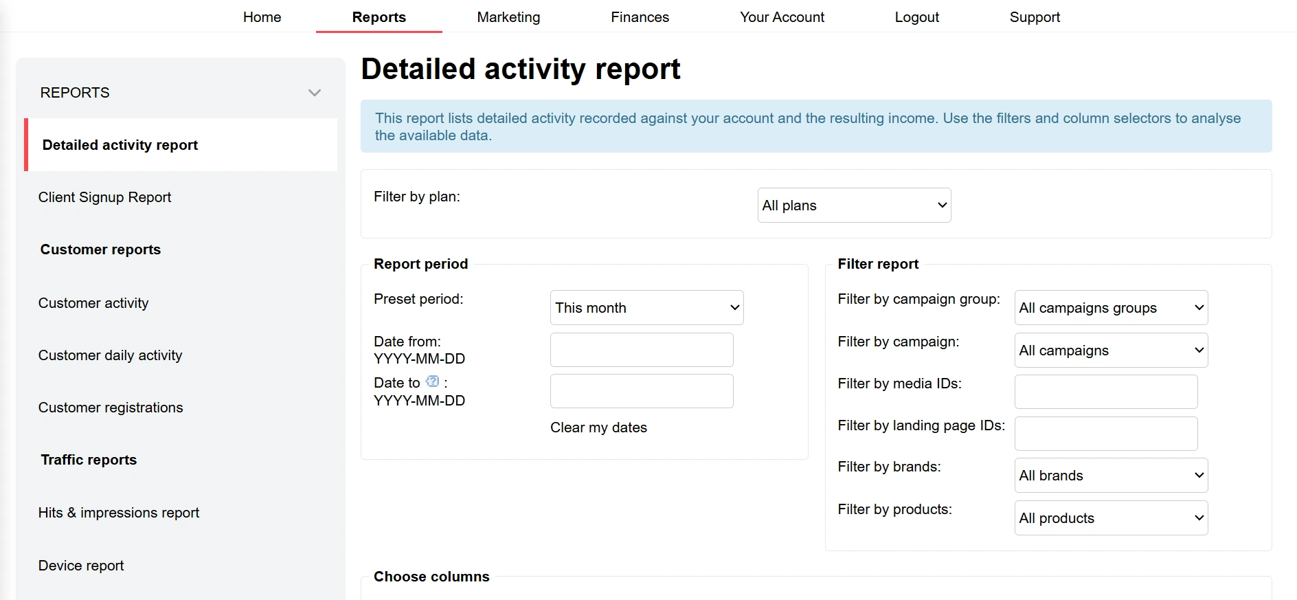 Detailed activity report screen showing filtering options for plan, report period, and various campaign attributes.