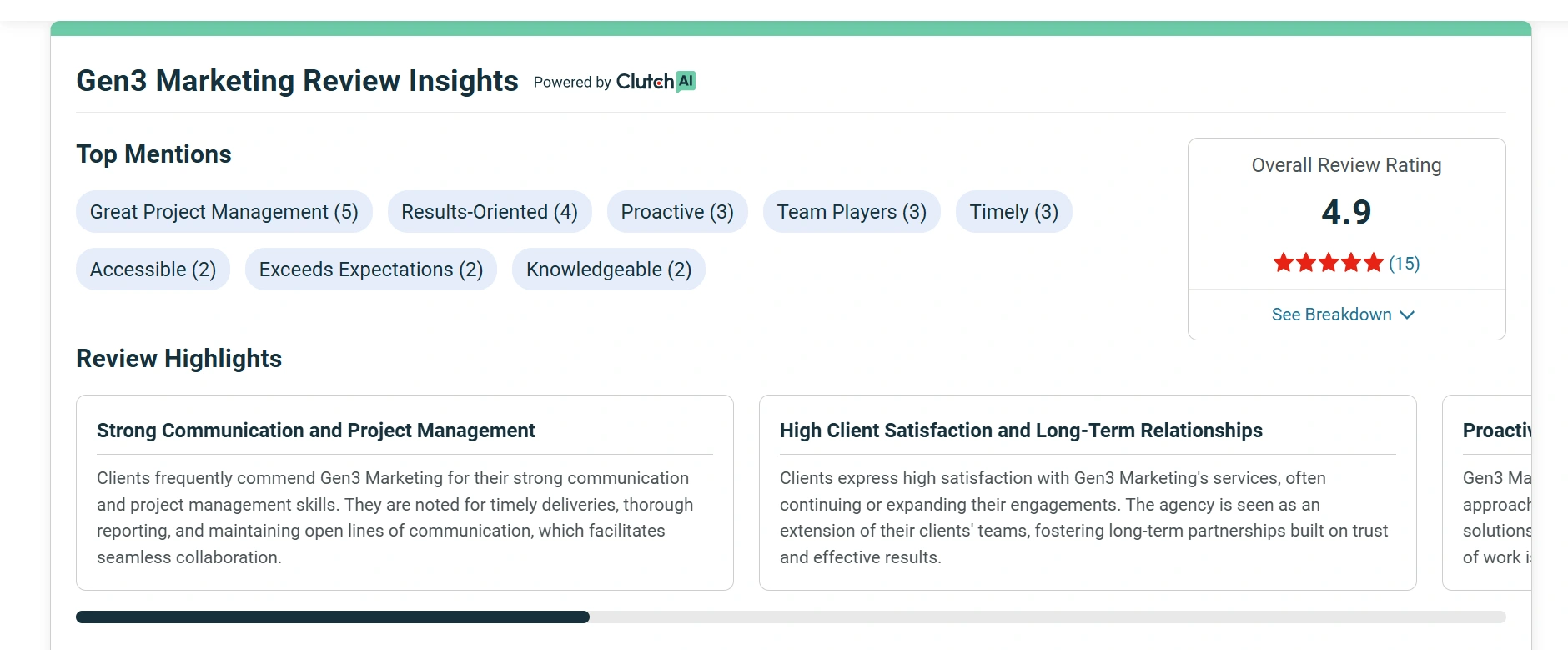 Gen3 Marketing review insights showcase top mentions like "Great Project Management" and an overall rating of 4.9 stars from 15 reviews.
