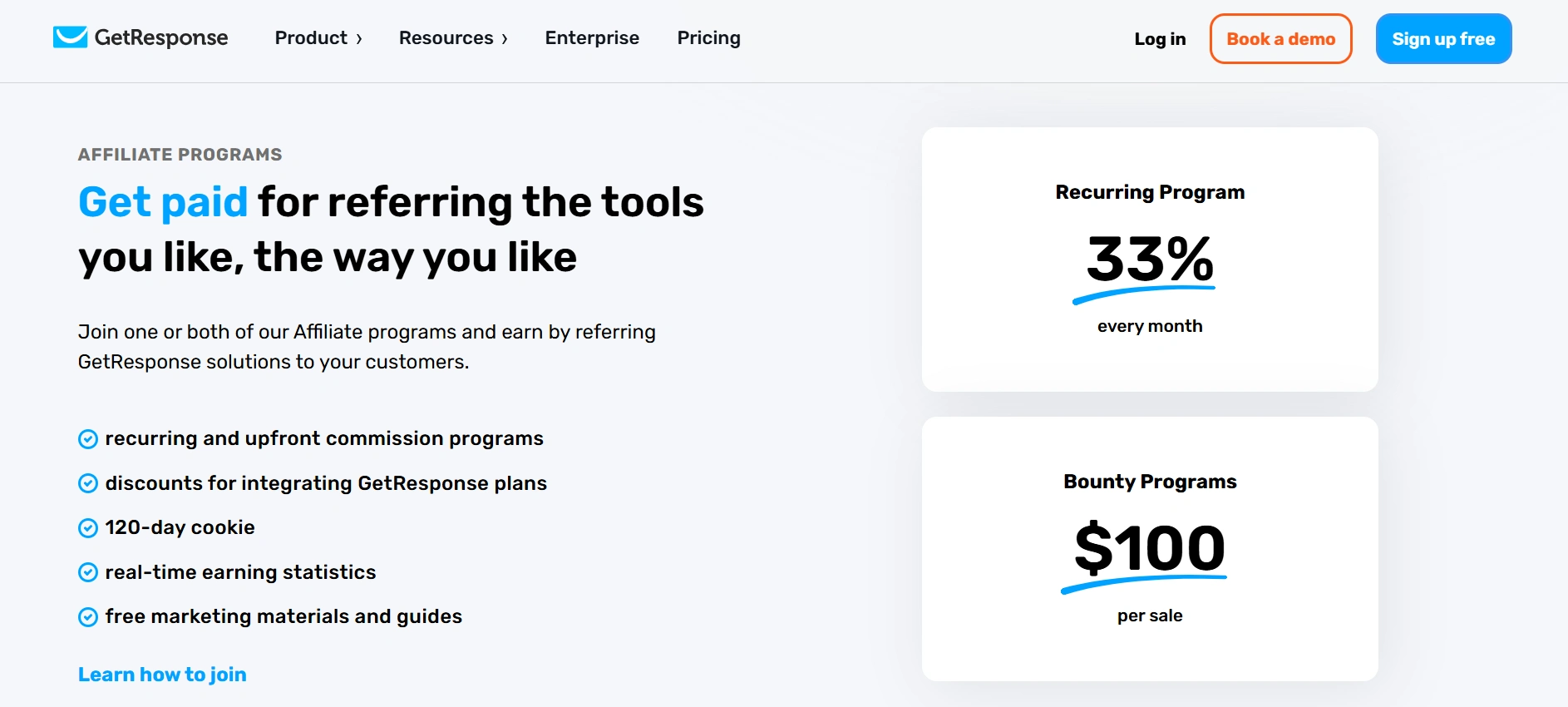 GetResponse affiliate program details showcasing a 33% recurring commission and $100 bounty per sale.