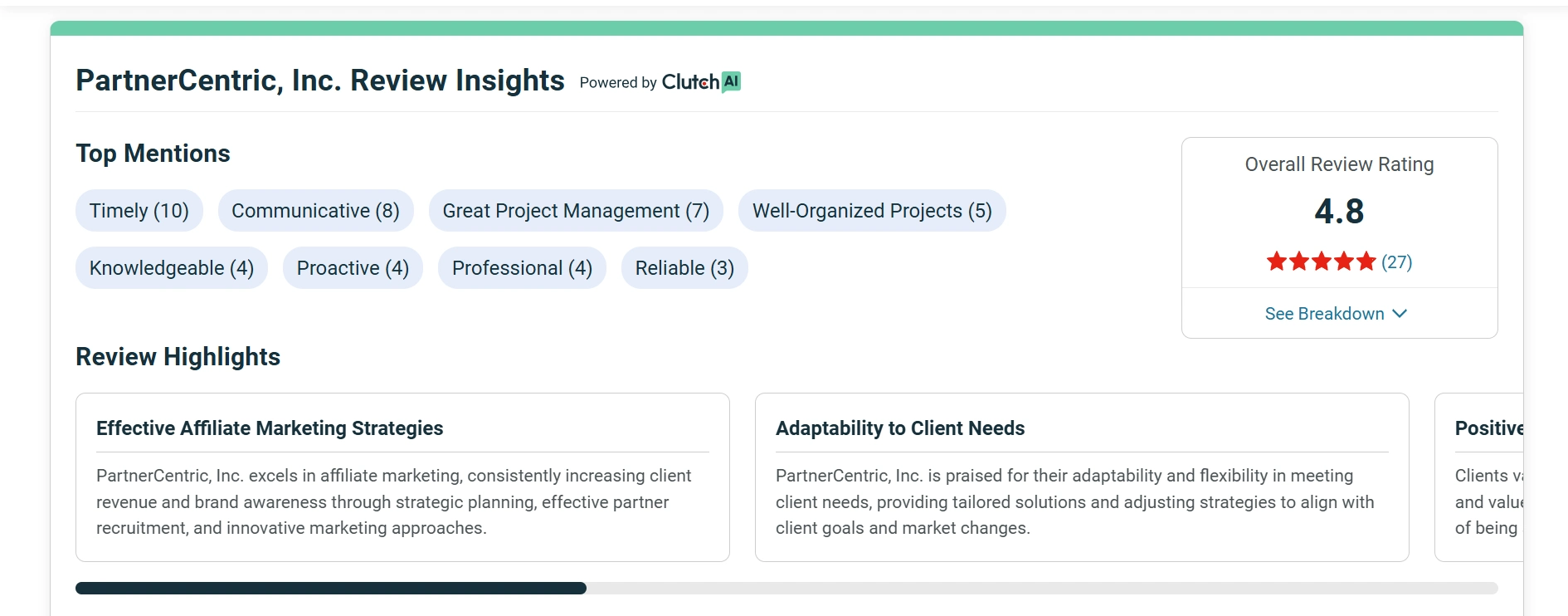 PartnerCentric, Inc. review insights display a 4.8-star overall rating with top mentions including "Timely," "Communicative," and "Great Project Management."