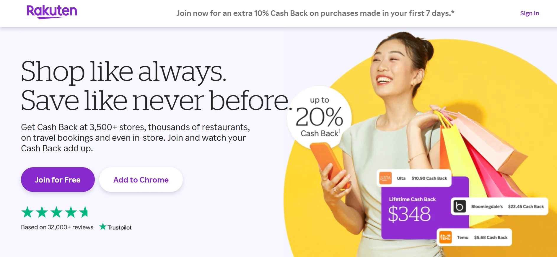 Rakuten website with a woman holding shopping bags and a phone, promoting up to 20% cash back.