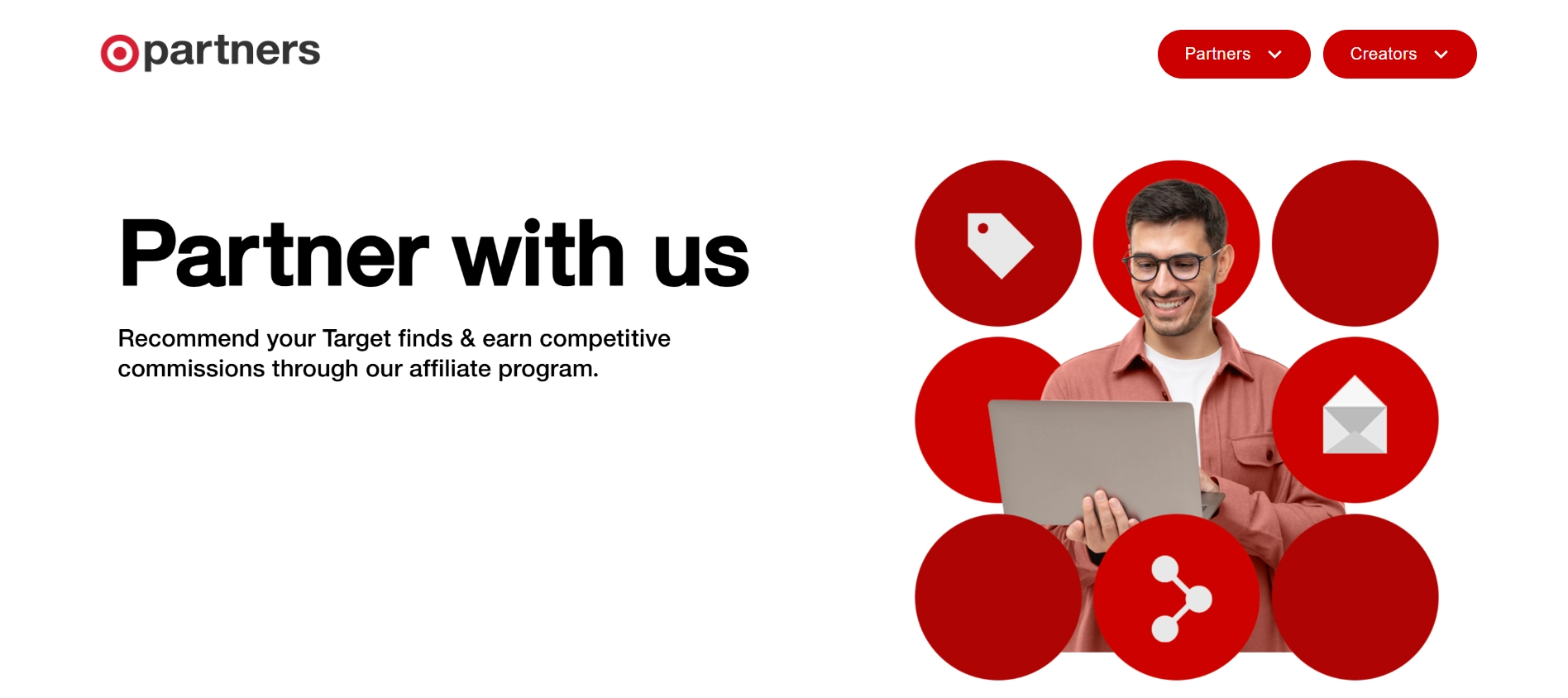 Target Affiliate Program Review: Is It Worth Your Time and Effort? 2 Man with laptop surrounded by red circles with icons on a banner titled "TARGET AFFILIATE PROGRAM REVIEW: IS IT WORTH YOUR TIME AND EFFORT?".