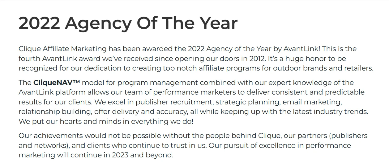 Text stating Clique Affiliate Marketing was awarded 2022 Agency of the Year by AvantLink, recognizing their expertise in affiliate programs.