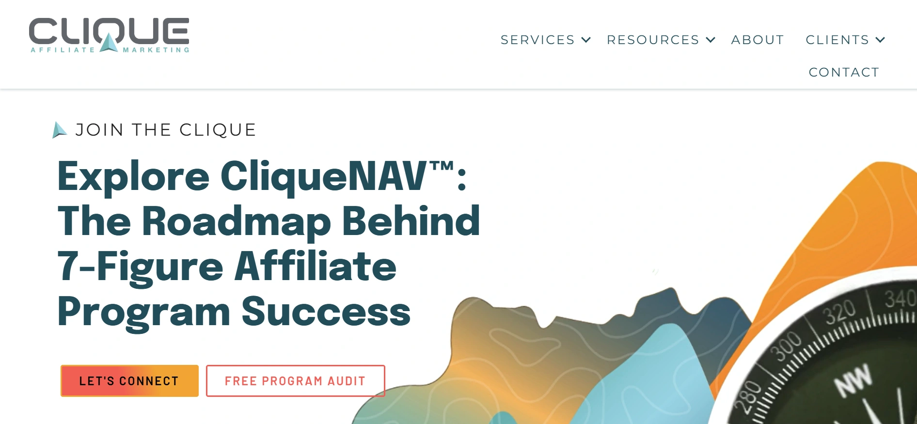 Clique affiliate marketing website's homepage with the text "Explore CliqueNAV™: The Roadmap Behind 7-Figure Affiliate Program Success" and graphics including a compass.