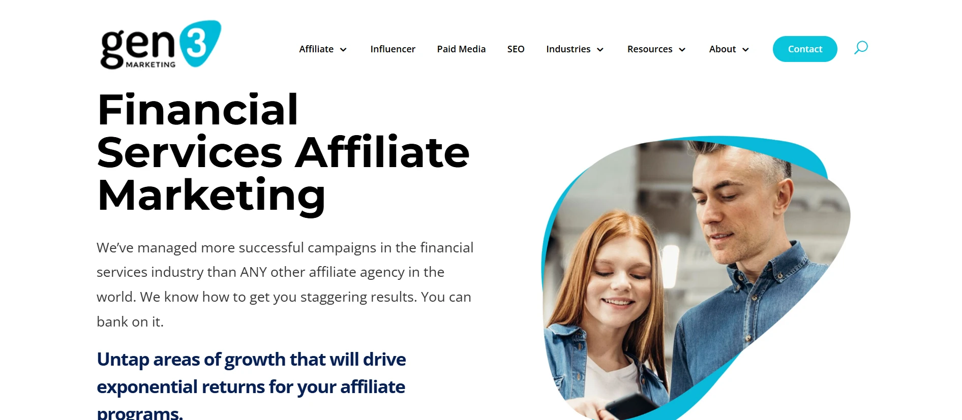 Gen3 Marketing website with text "Financial Services Affiliate Marketing" and a picture of a man and woman looking at a phone.