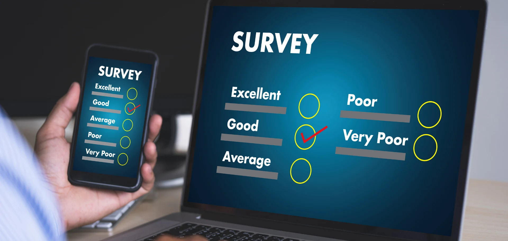 A hand holds a smartphone displaying a survey with the "Good" option selected, next to a laptop screen showing the same survey with "Good" checked.
